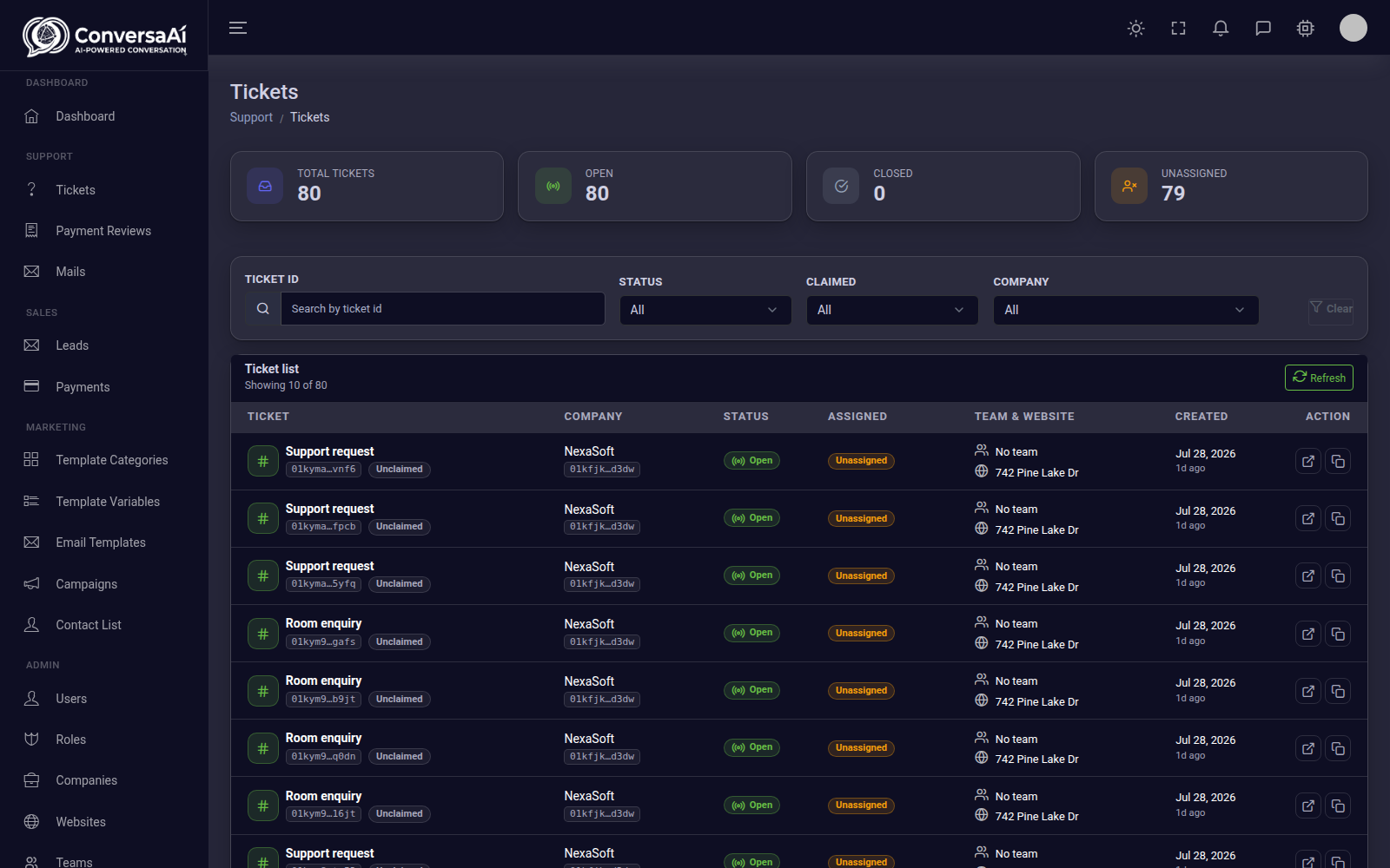 Support tickets with assignment and claim states