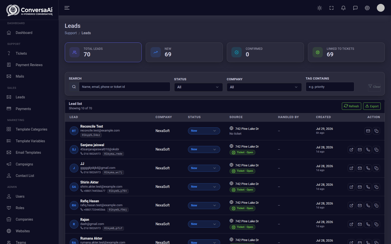 Lead list with statuses, sources and one-click actions