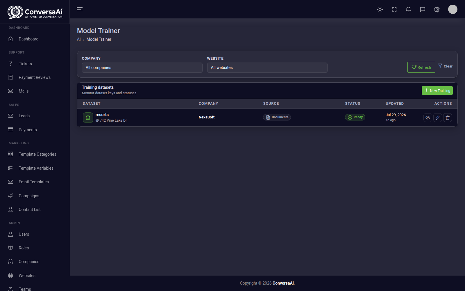 Model trainer datasets with training status