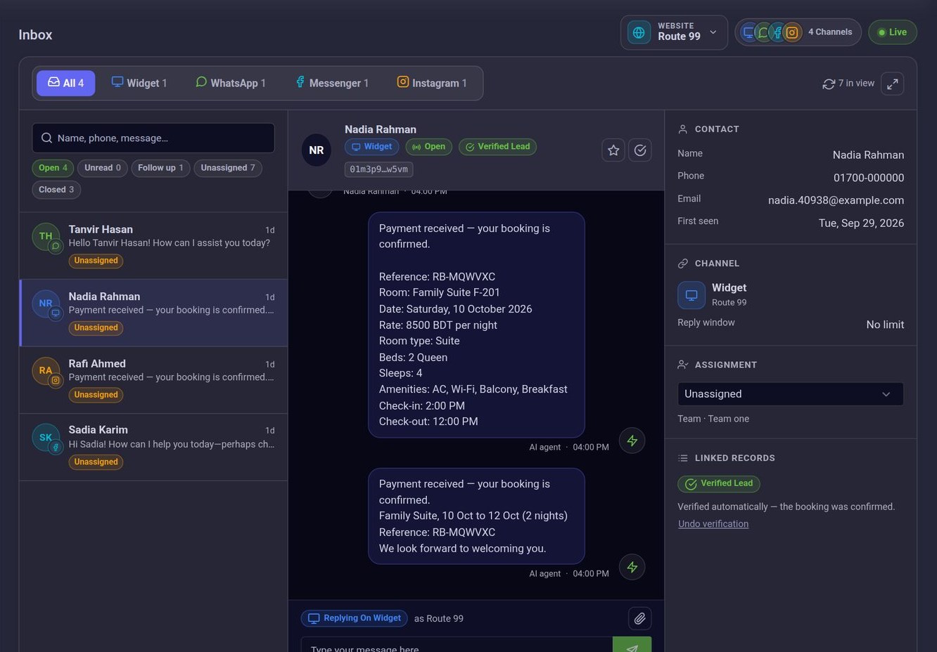 The ConversaAI inbox: channel tabs, the list of conversations, an open thread and the customer’s details